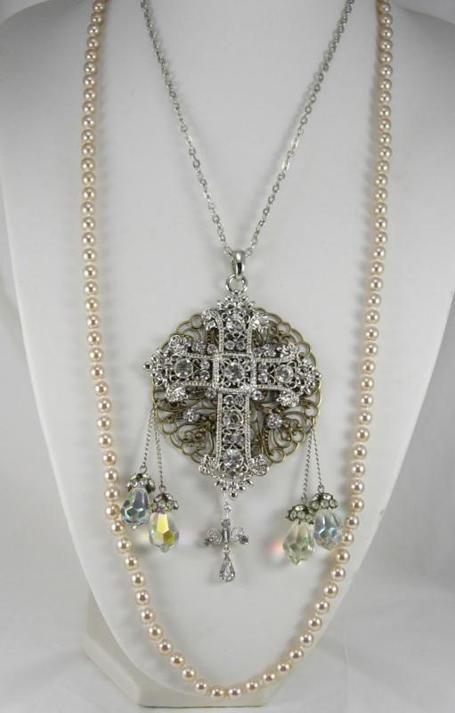 Romantic Gothic Rosary Necklace Long wedding Pearls and glass prism drops chandelier renaissance