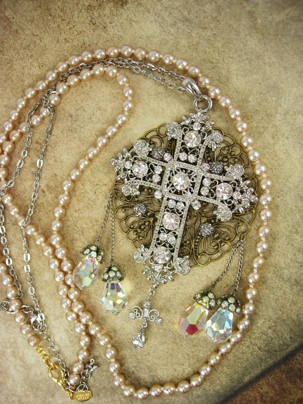 Romantic Gothic Rosary Necklace Long wedding Pearls and glass prism drops chandelier renaissance
