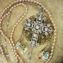 Romantic Gothic Rosary Necklace Long wedding Pearls and glass prism drops chandelier renaissance