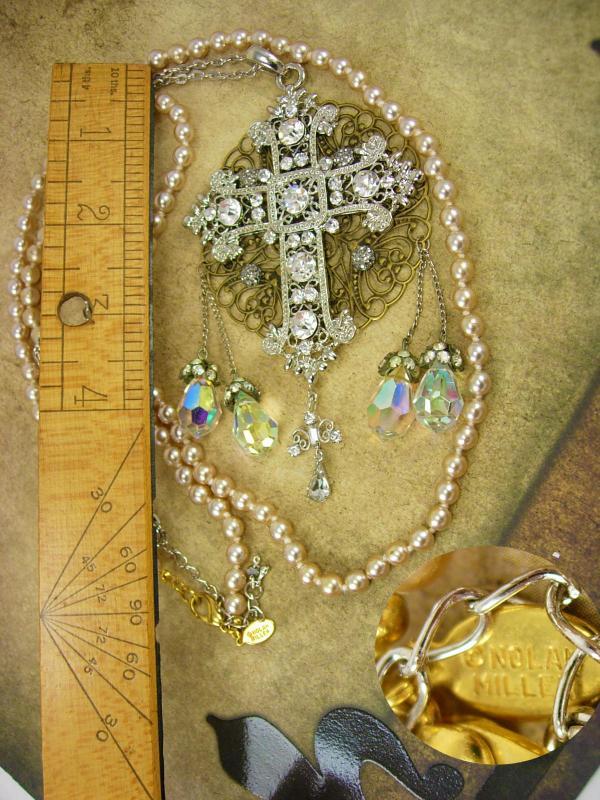 Romantic Gothic Rosary Necklace Long wedding Pearls and glass prism drops chandelier renaissance