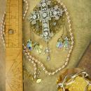Romantic Gothic Rosary Necklace Long wedding Pearls and glass prism drops chandelier renaissance