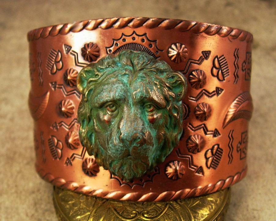 HUge Gothic Lion Cuff Bracelet Distressed Lion with copper band