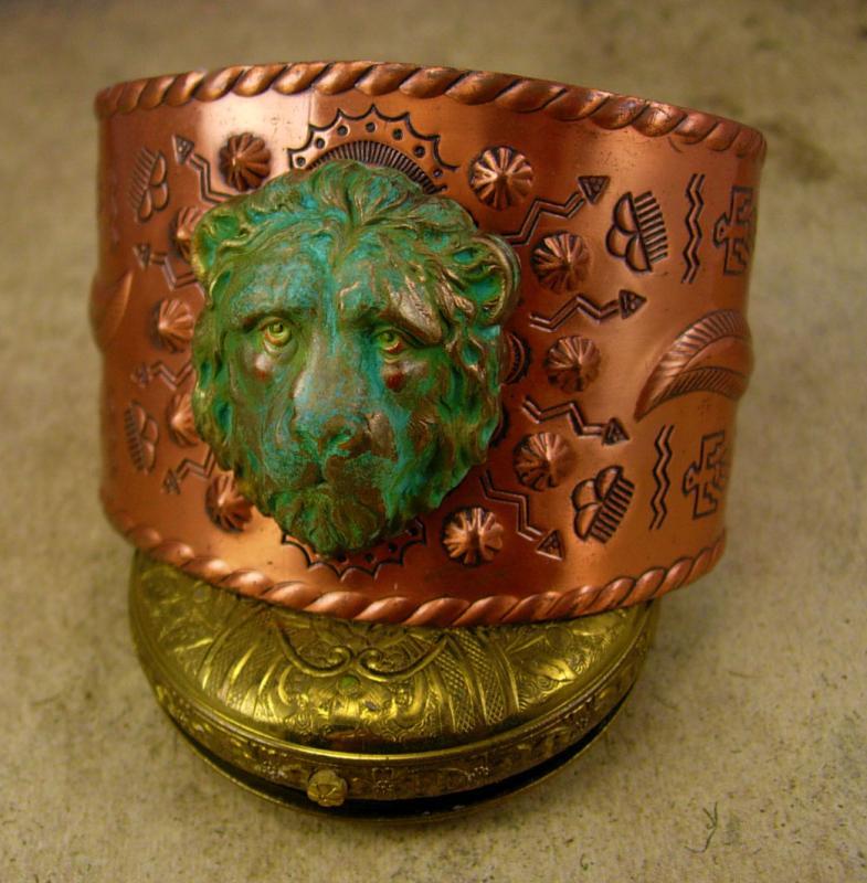 HUge Gothic Lion Cuff Bracelet Distressed Lion with copper band