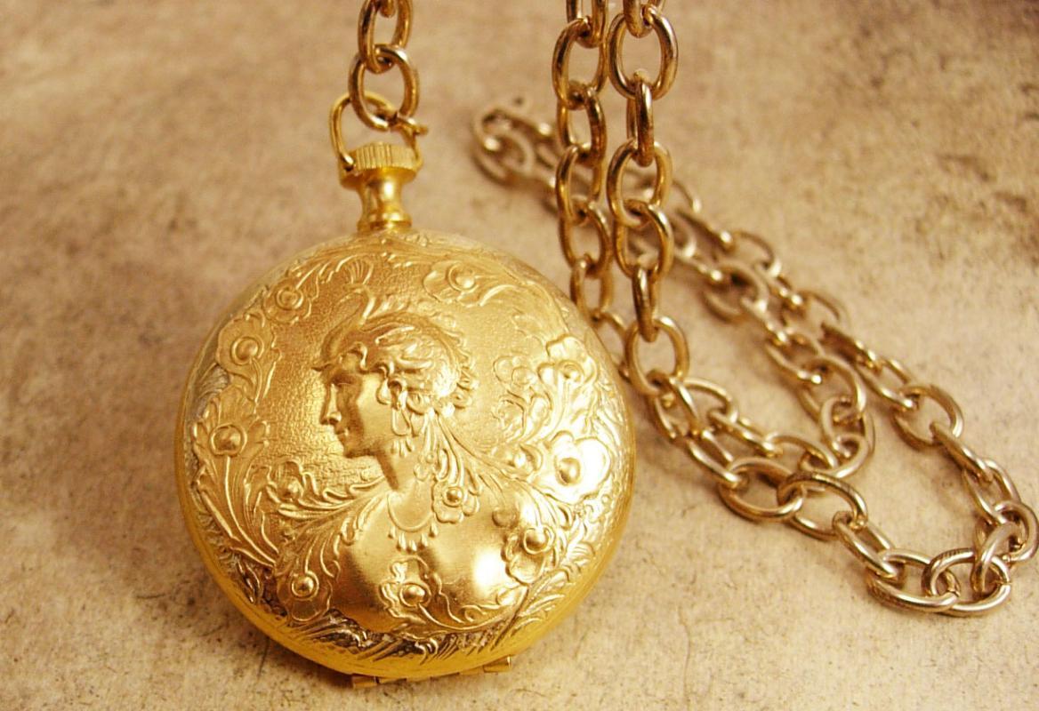 Minerva GOddess pocketwatch Locket Watch chain necklace hidden compartment