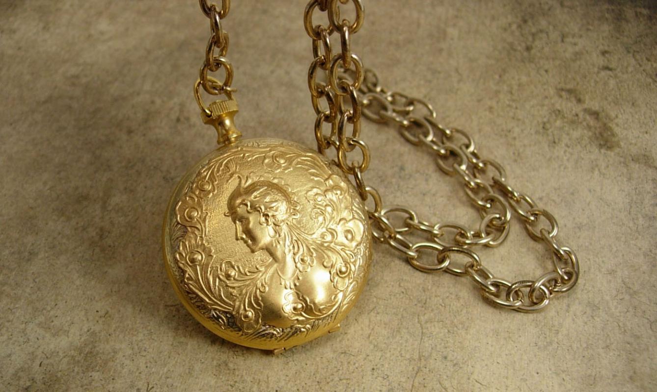 Minerva GOddess pocketwatch Locket Watch chain necklace hidden compartment