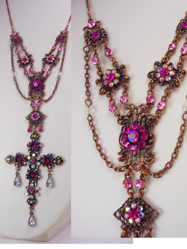 Bohemian rhinestone Rosary necklace Purple PInk crystal drops and more