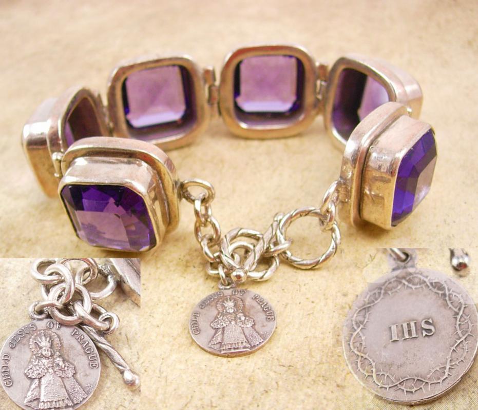 HUGE Amethyst silver Bracelet with infant of prague sterling icon charm fob