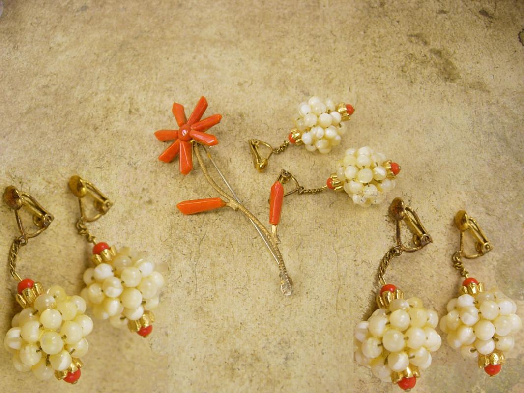 Antique Victorian Coral earrings and brooch Mother of pearl chandelier drops Genuine coral