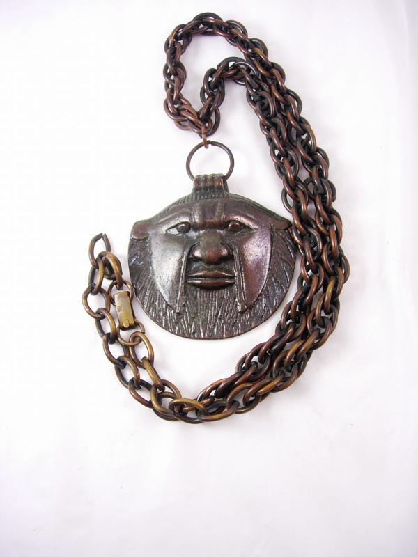 Vintage Bizarre bronze Face Necklace Hand wrought animal human
