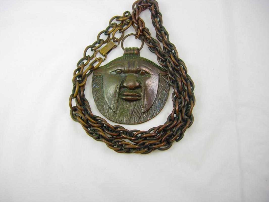 Vintage Bizarre bronze Face Necklace Hand wrought animal human