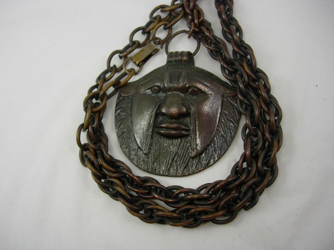 Vintage Bizarre bronze Face Necklace Hand wrought animal human