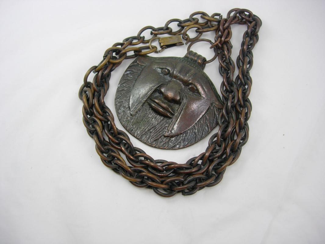 Vintage Bizarre bronze Face Necklace Hand wrought animal human