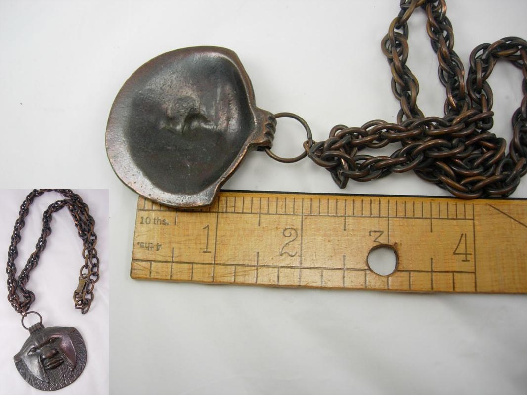 Vintage Bizarre bronze Face Necklace Hand wrought animal human
