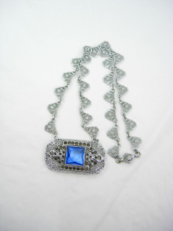 Vintage Art deco Signed necklace Filigree and paste stones HUGE blue centerpiece