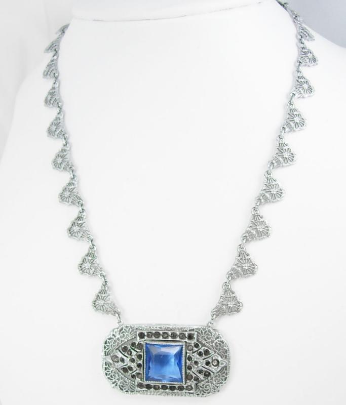 Vintage Art deco Signed necklace Filigree and paste stones HUGE blue centerpiece