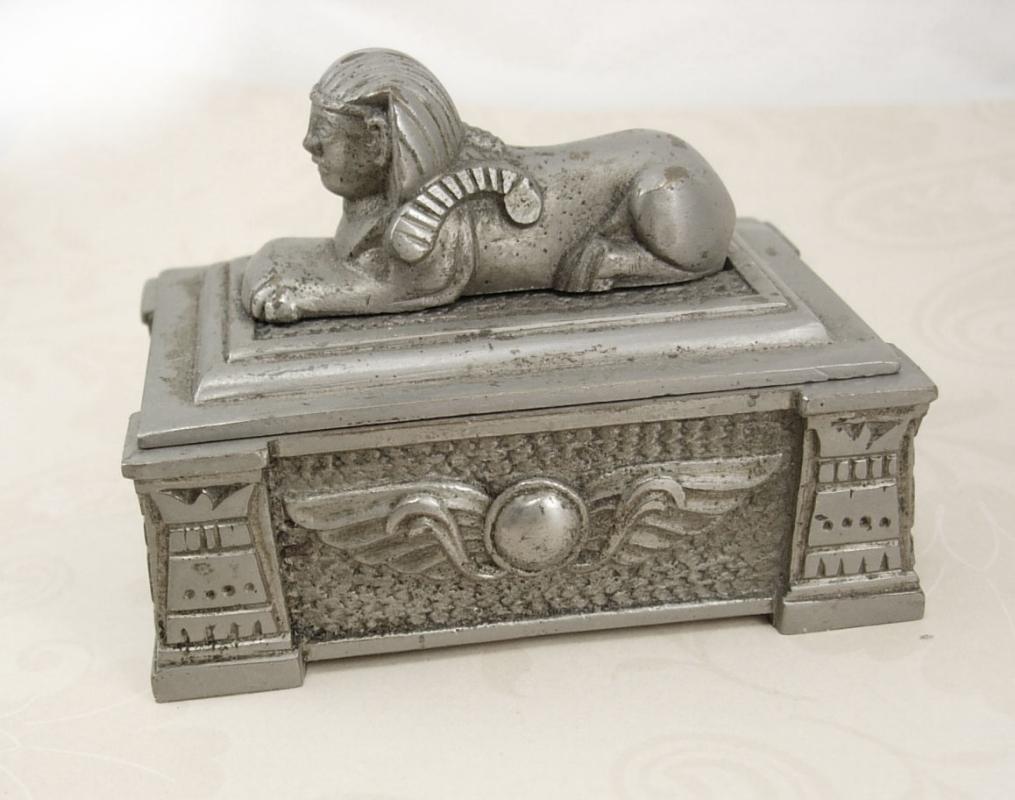 Antique Egyptian Revival Sphinx Stamp Box tobacco box King Tut Winged Beetle