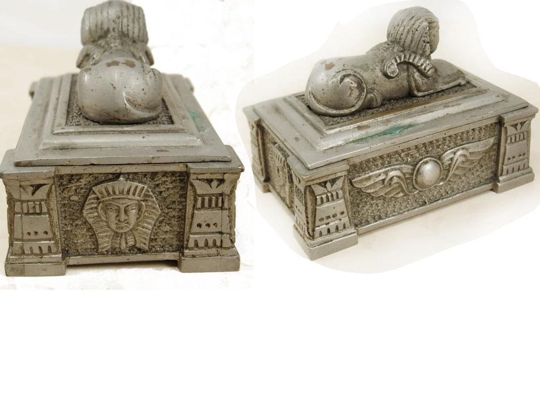 Antique Egyptian Revival Sphinx Stamp Box tobacco box King Tut Winged Beetle