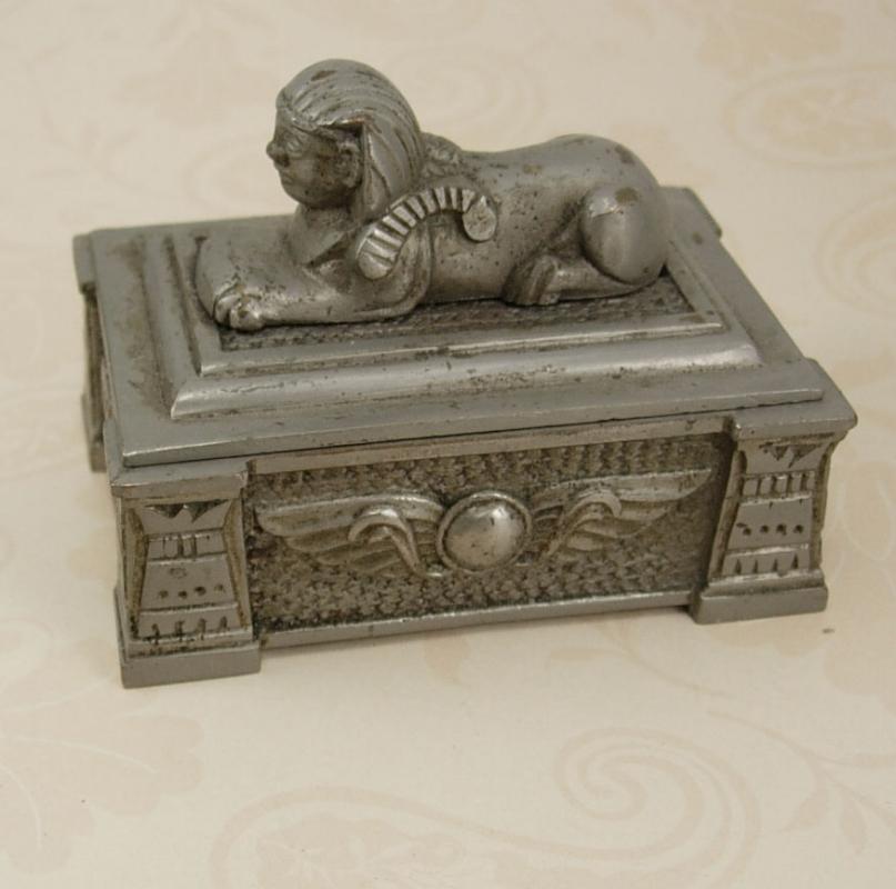 Antique Egyptian Revival Sphinx Stamp Box tobacco box King Tut Winged Beetle