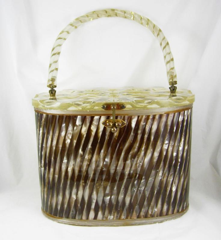 Vintage circa 1940 Striped collectible lucite purse carved oval box