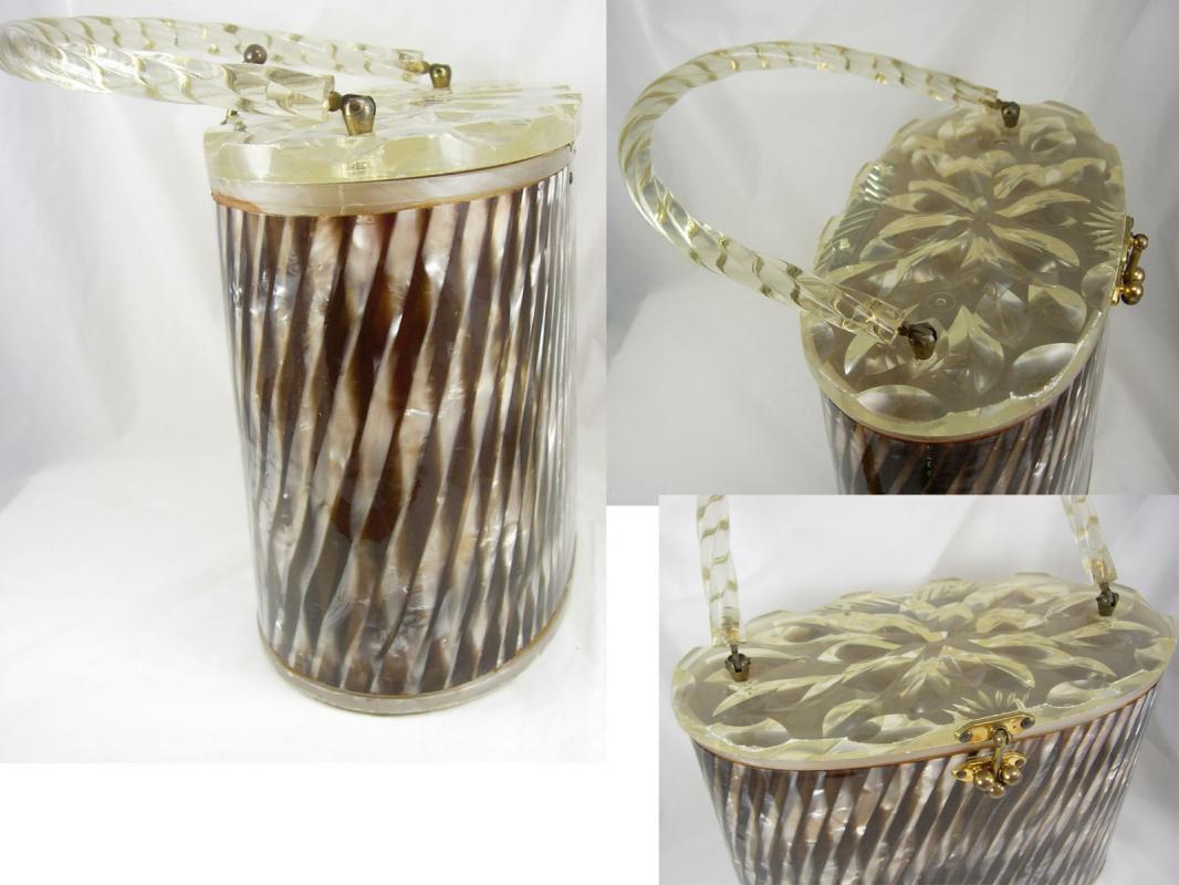 Vintage circa 1940 Striped collectible lucite purse carved oval box