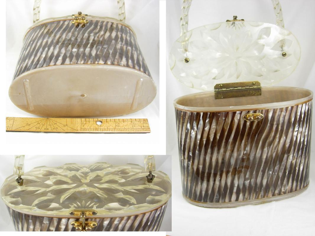 Vintage circa 1940 Striped collectible lucite purse carved oval box