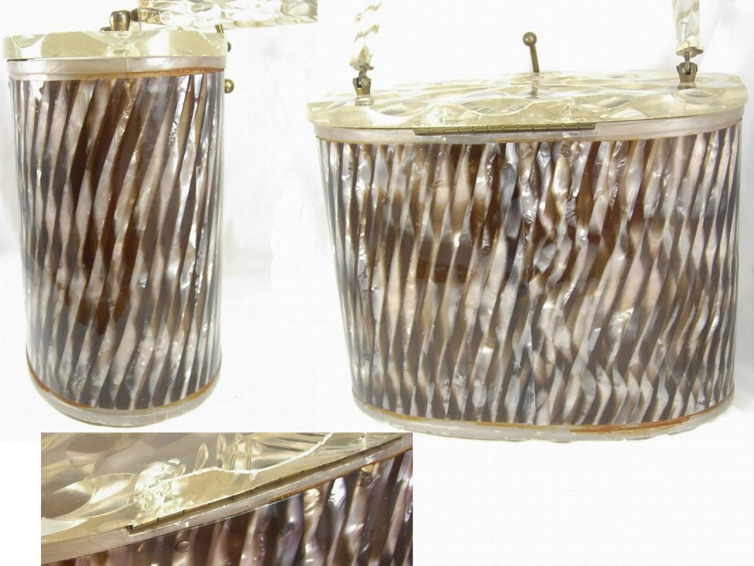 Vintage circa 1940 Striped collectible lucite purse carved oval box