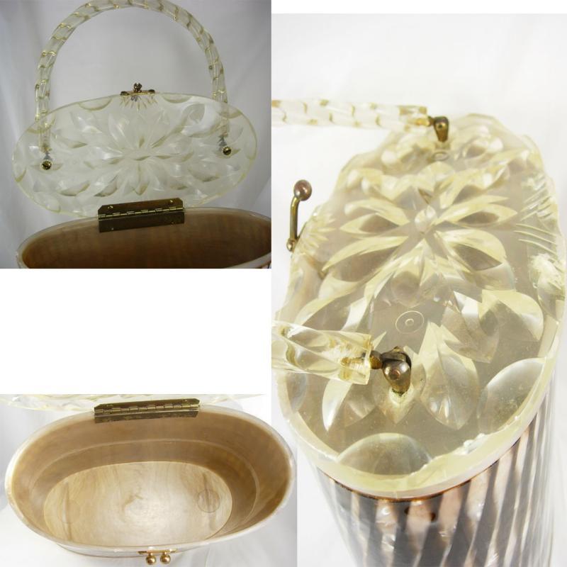Vintage circa 1940 Striped collectible lucite purse carved oval box