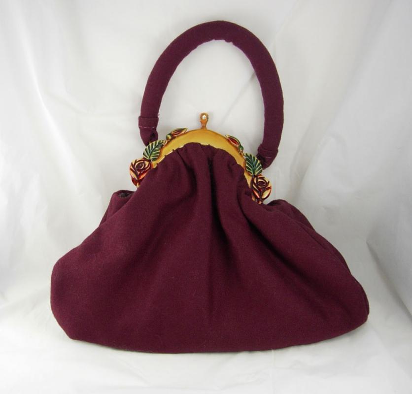 Gorgeous Vintage Bakelite catalin Purse multi colored Jeweled clasp aubergine wool
