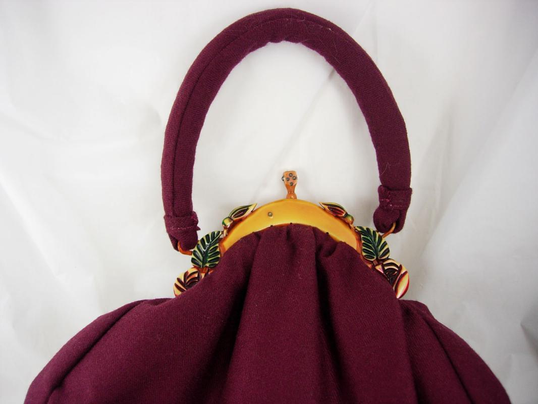 Gorgeous Vintage Bakelite catalin Purse multi colored Jeweled clasp aubergine wool