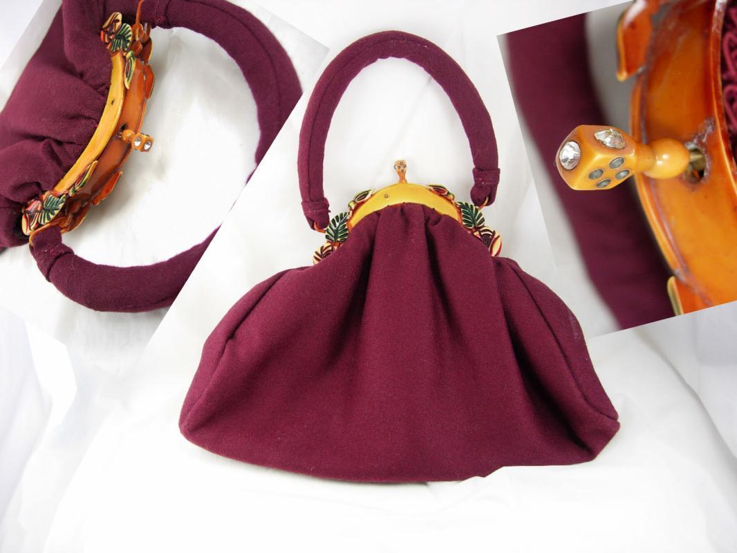 Gorgeous Vintage Bakelite catalin Purse multi colored Jeweled clasp aubergine wool
