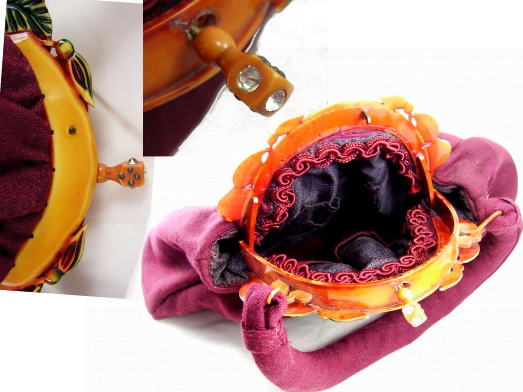 Gorgeous Vintage Bakelite catalin Purse multi colored Jeweled clasp aubergine wool
