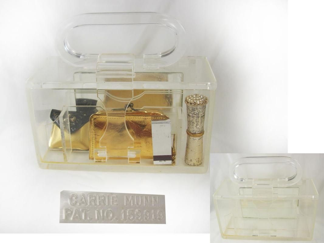Vintage Clear Carrie Munn Signed compartment Lucite Box purse with accessories pat 195519 Purely stunning