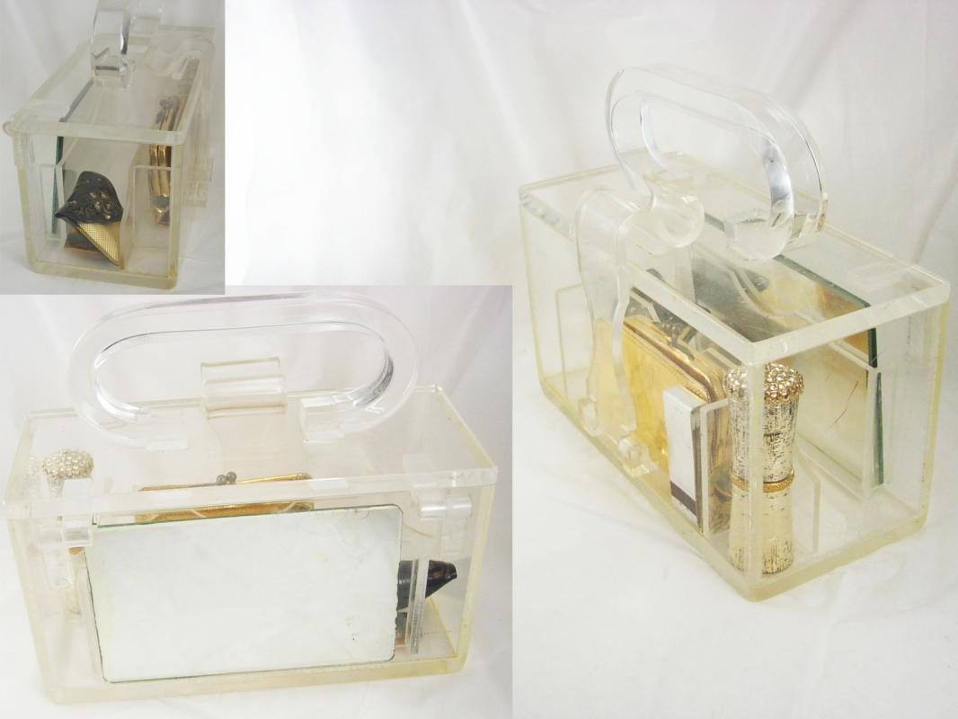 Vintage Clear Carrie Munn Signed compartment Lucite Box purse with accessories pat 195519 Purely stunning