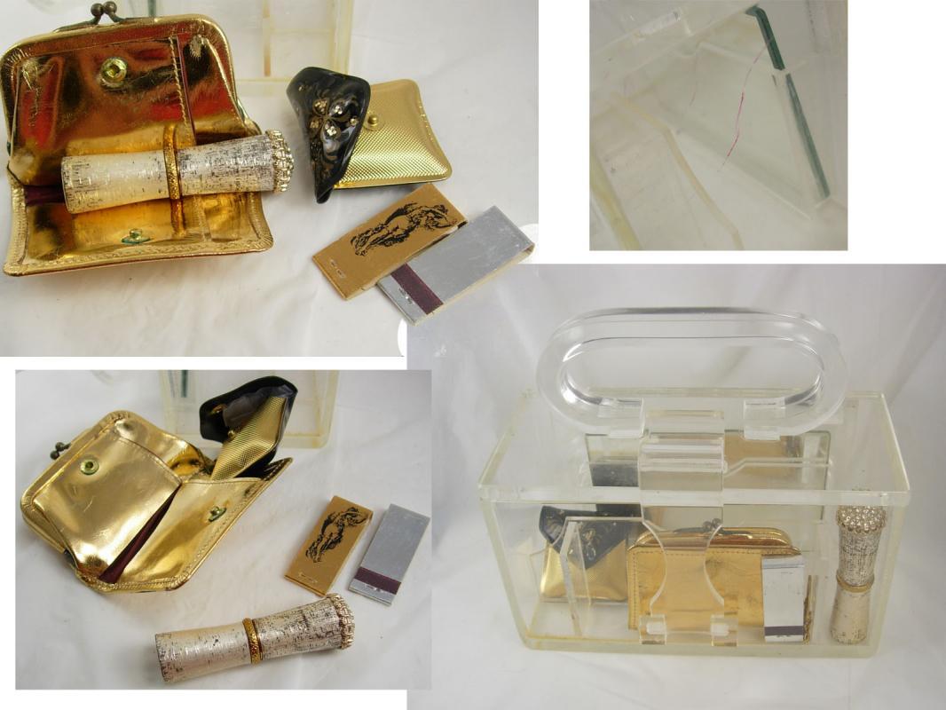 Vintage Clear Carrie Munn Signed compartment Lucite Box purse with accessories pat 195519 Purely stunning