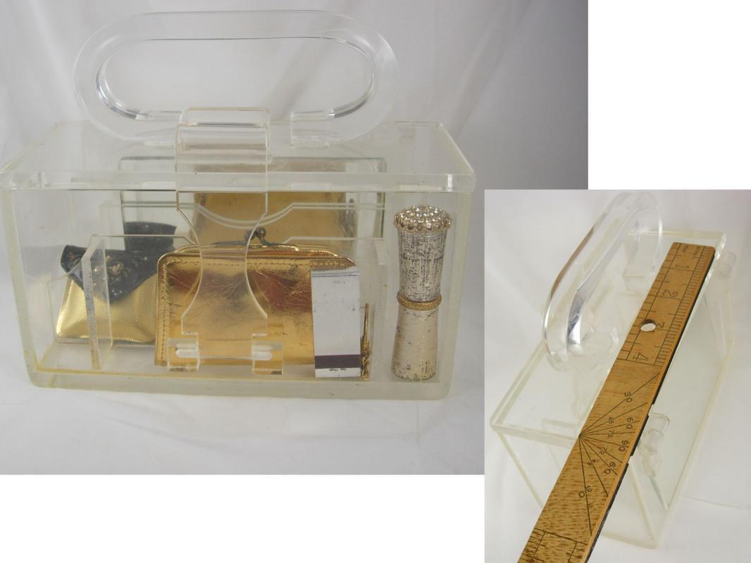 Vintage Clear Carrie Munn Signed compartment Lucite Box purse with accessories pat 195519 Purely stunning