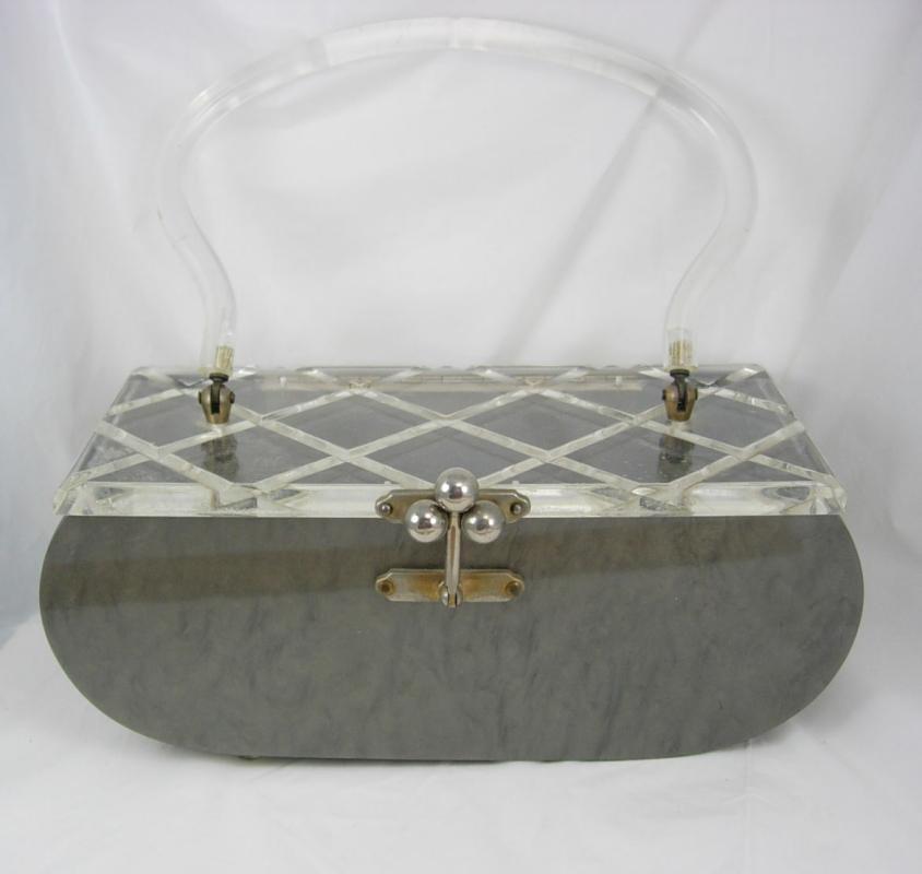 Vintage silver gray marbelized lucite purse with carved top Grey retro design