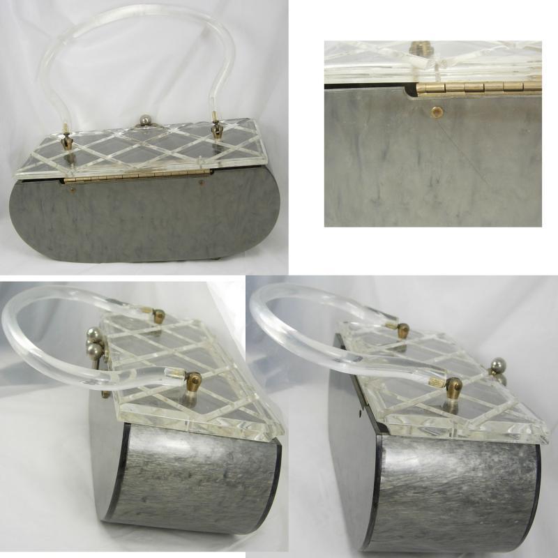Vintage silver gray marbelized lucite purse with carved top Grey retro design