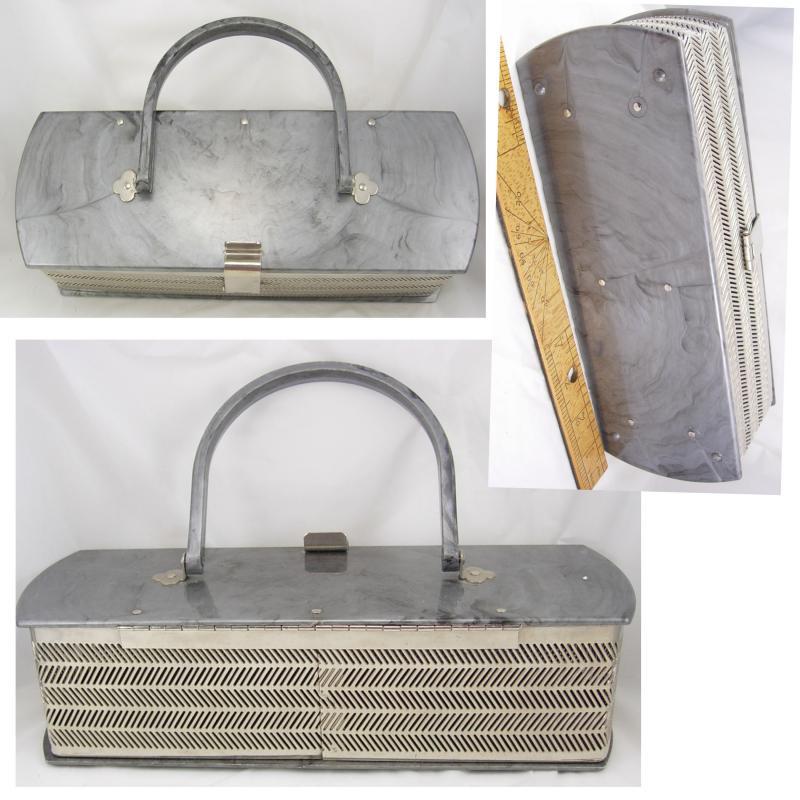 Vintage silver gray marbelized lucite purse with carved top Grey retro design