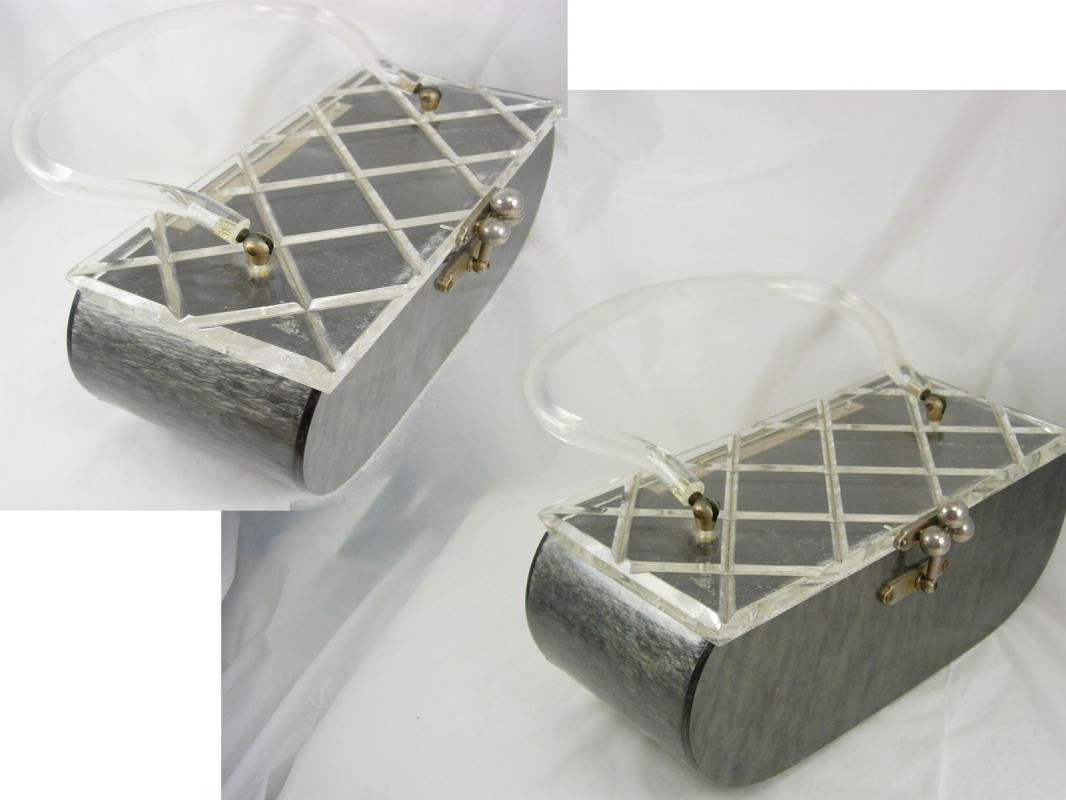 Vintage silver gray marbelized lucite purse with carved top Grey retro design