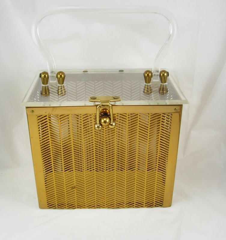 VIntage 1950's Lucite and herringbone brass box purse Industrial Retro design