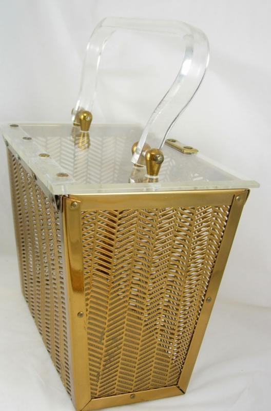 VIntage 1950's Lucite and herringbone brass box purse Industrial Retro design