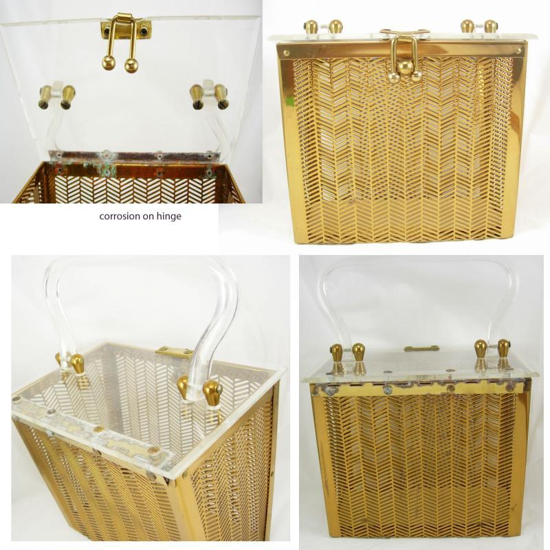 VIntage 1950's Lucite and herringbone brass box purse Industrial Retro design