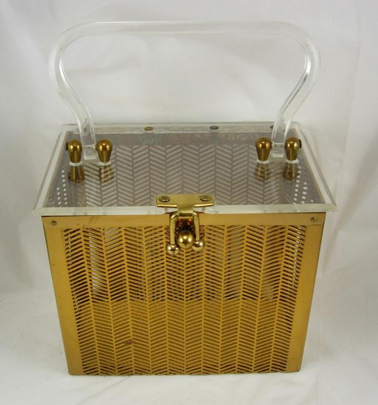 VIntage 1950's Lucite and herringbone brass box purse Industrial Retro design