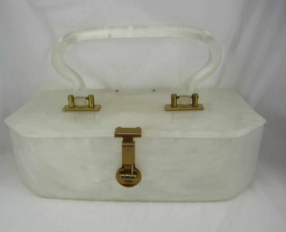 Vintage White pearlized lucite purse with clear hinged handle marbelized swirls