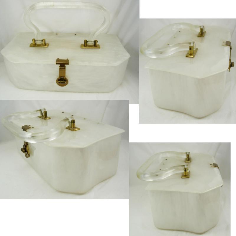 Vintage White pearlized lucite purse with clear hinged handle marbelized swirls