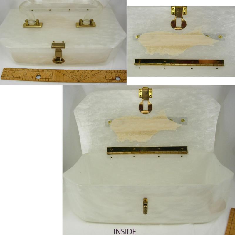 Vintage White pearlized lucite purse with clear hinged handle marbelized swirls