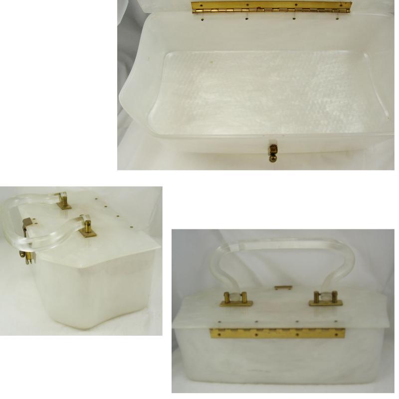 Vintage White pearlized lucite purse with clear hinged handle marbelized swirls