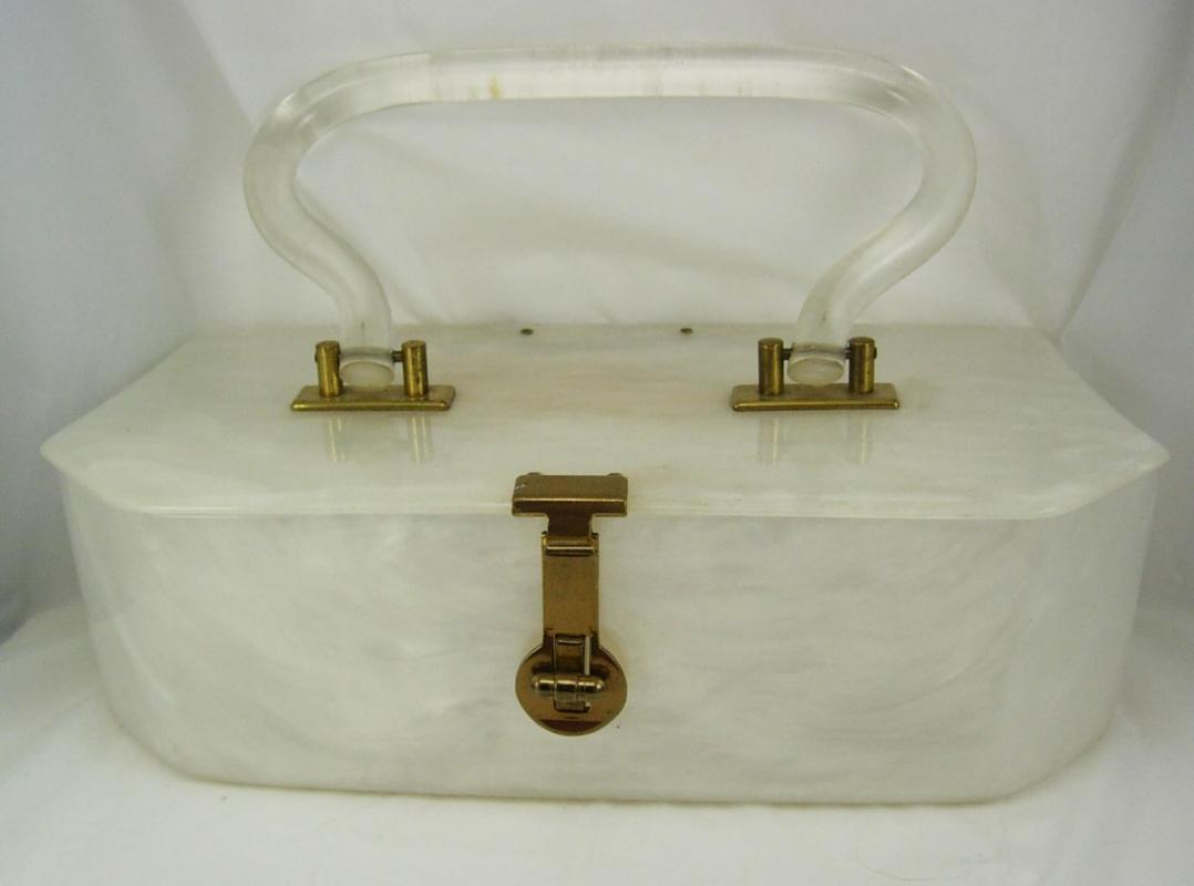 Vintage White pearlized lucite purse with clear hinged handle marbelized swirls