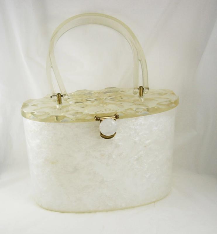 Vintage White Carved Lucite Purse Marbelized sides Carved flower top