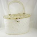 Vintage White Carved Lucite Purse Marbelized sides Carved flower top